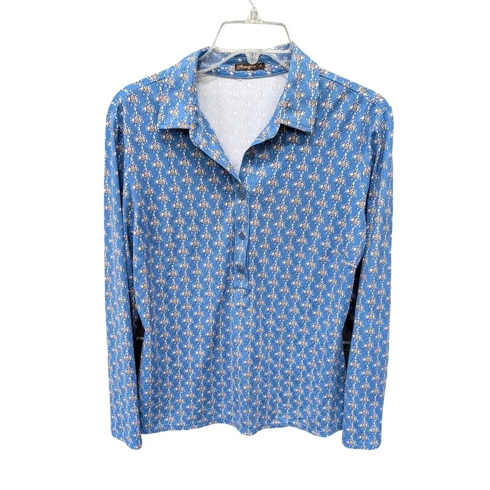 J. McLaughlin Women's Catalina Cloth Blue Damask Floral Long Sleeve Polo Top- M - Picture 2 of 7